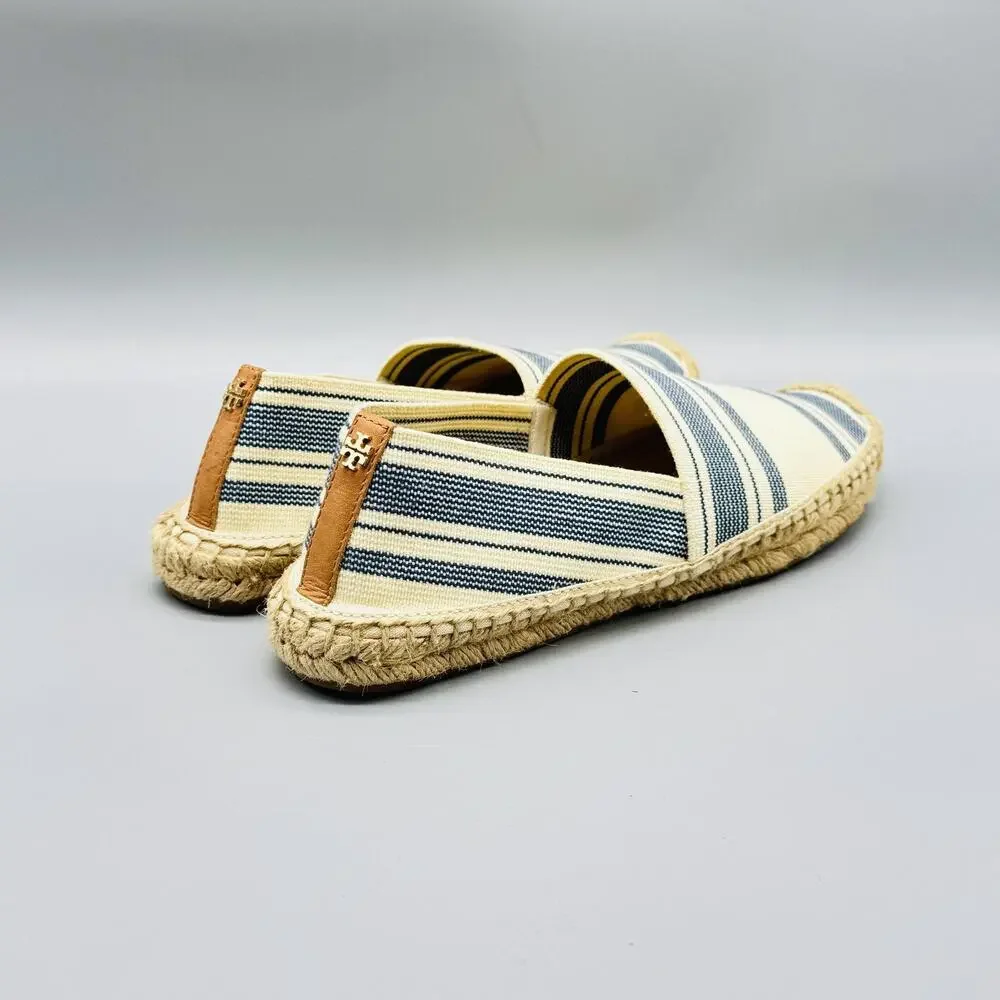 Tory Burch Shoes Womens 8.5 Blue Ivory Canvas Stripe Espadrilles Jute Slip On